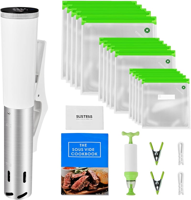 susteas Sous Vide,1200W Sous Vide Cooker with 15 Vacuum Bags Pump Recipe, Silence Sous Vide Machine Digital Timer Temperature Control, Immersion Circulator for Kitchen, IPX7, White - Image 1